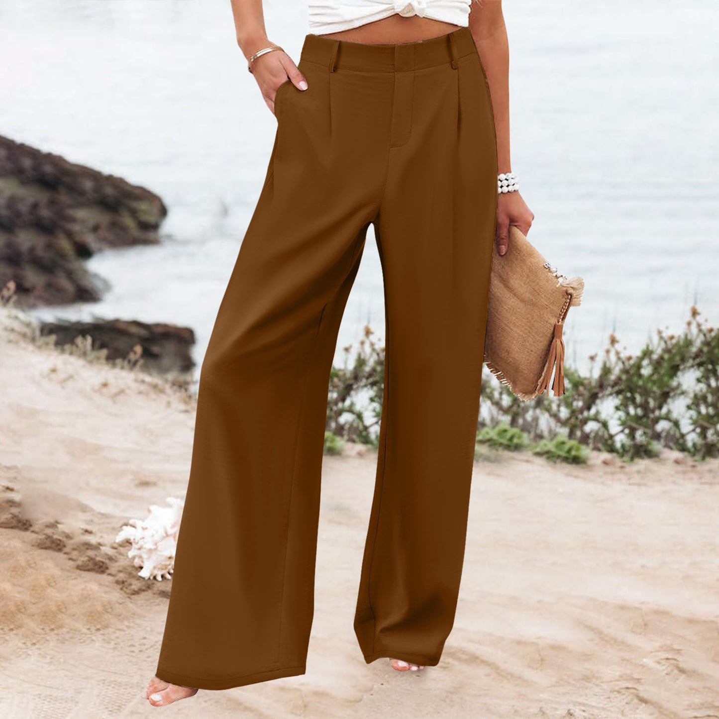 Womens Summer Fashion Loose Solid-color High-waisted Casual Pants Straight-leg Trousers