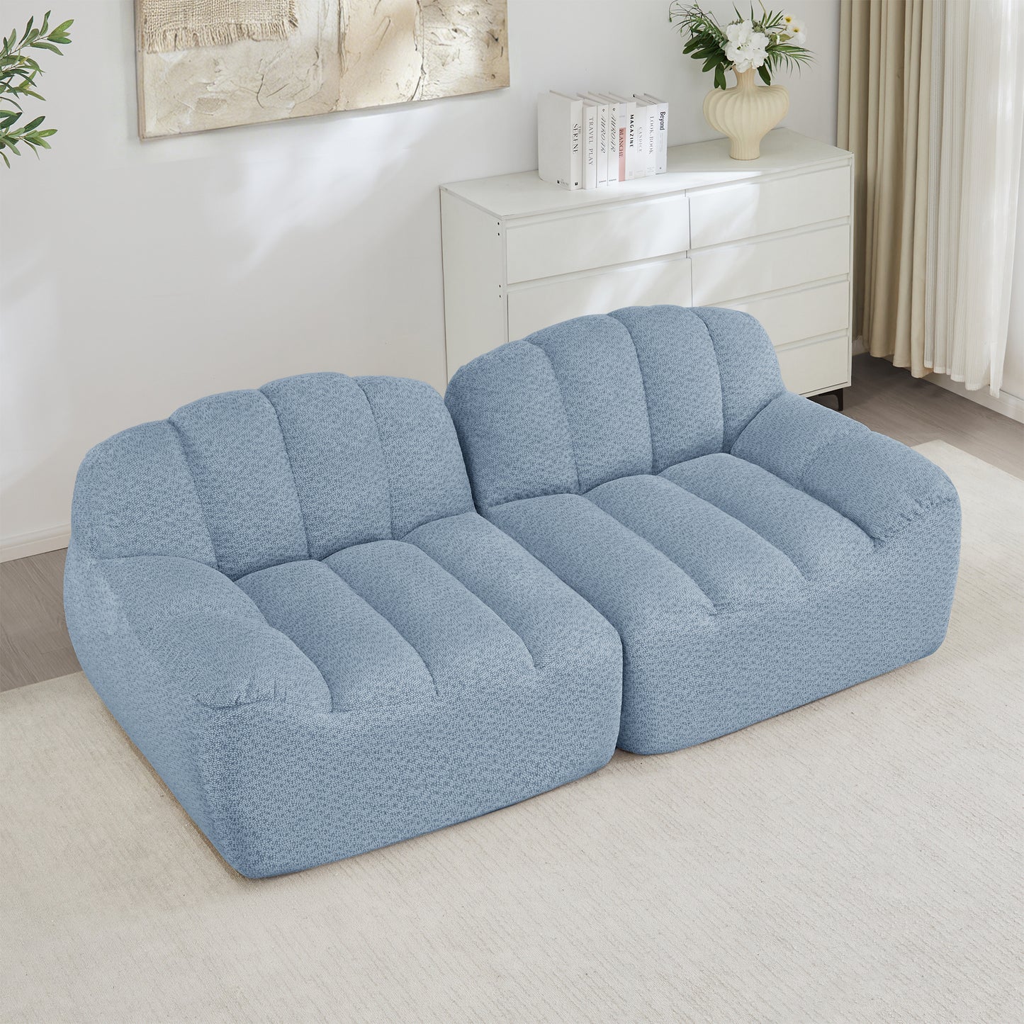 2 Seater Modular Boneless Sofa, Shell Shape, Deep Seat Cushions, Sofa For Living Room & Apartment, No Setup Required, Blue