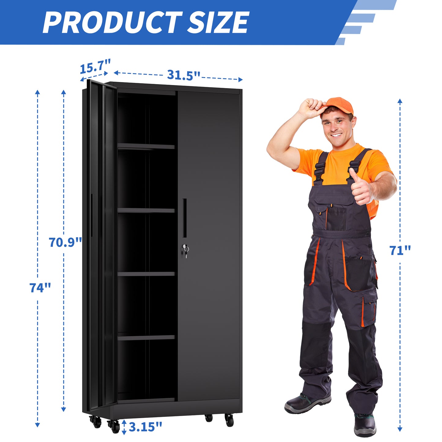 71H Metal Garage Storage Cabinet With Wheels And Lock, Heavy Duty Rolling Metal Cabinet, 4 Adjustable Shelves  180lb Each , 3-Point Locking Security, For Tool Organization In Garage, Workshop, Office