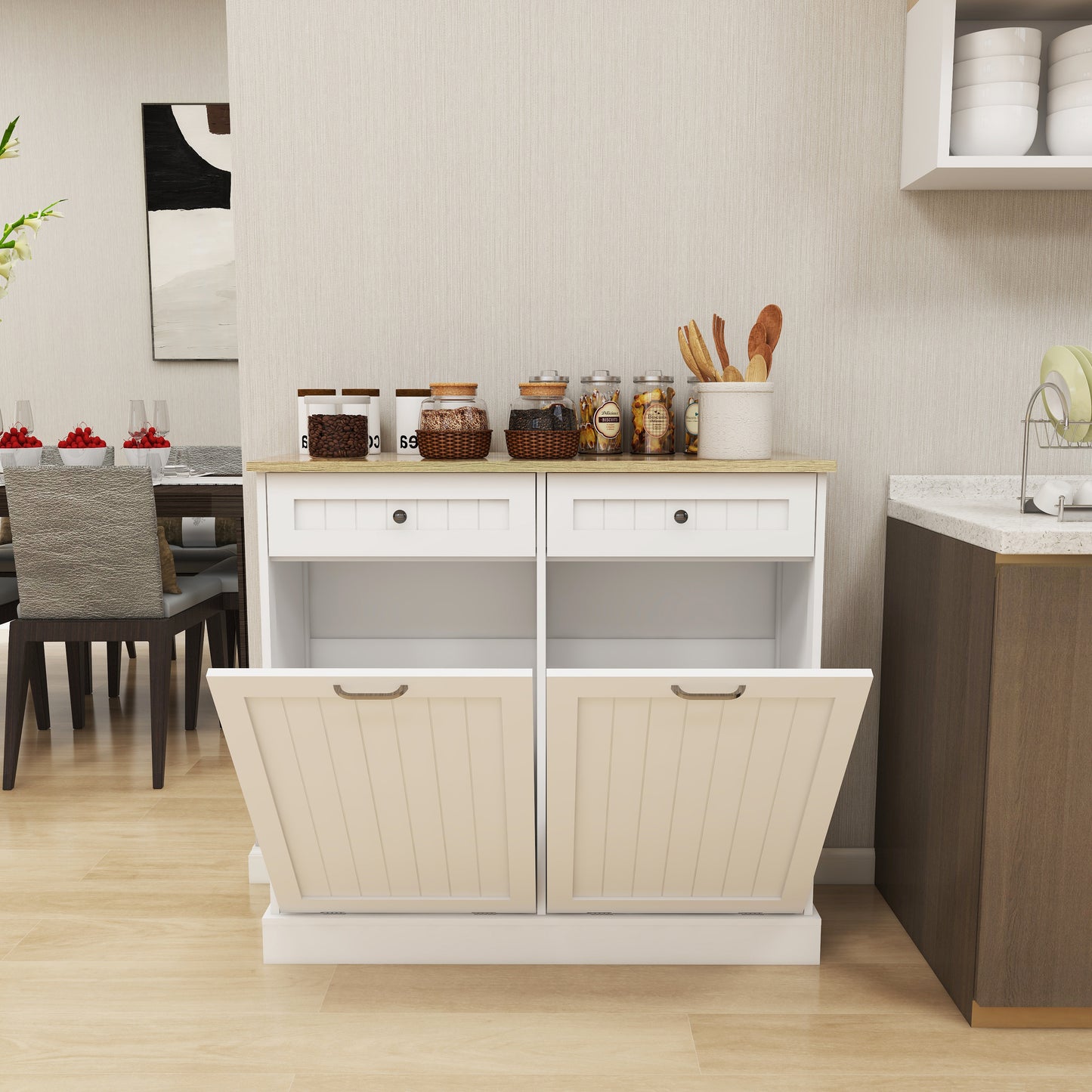 Two Drawers And Two-Compartment Tilt-Out Trash Cabinet Kitchen Trash Cabinet-White