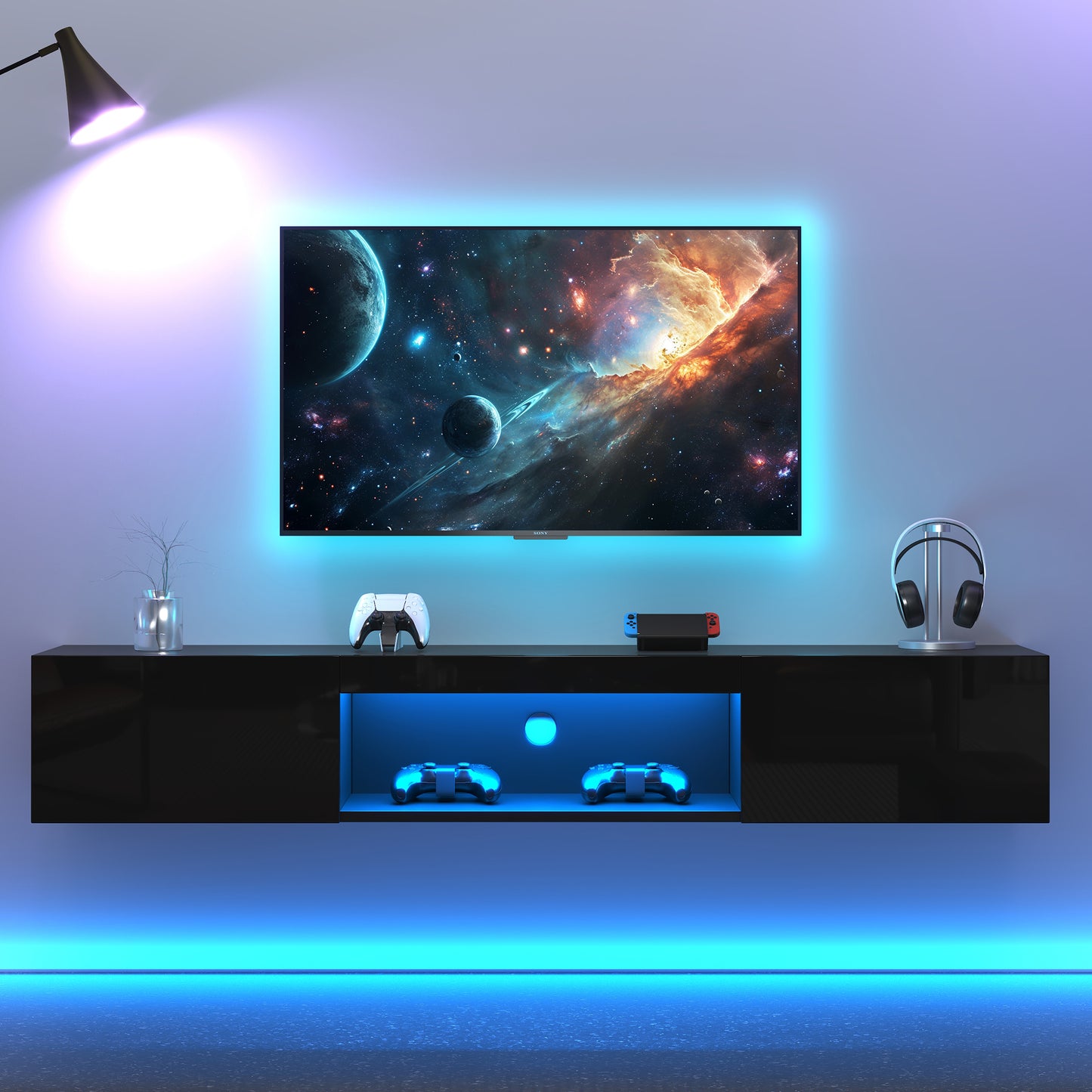 160x31x22cm High Gloss Hanging Cabinet,TV Stand And TV Cabinet With LED Lighting, Lowboard, TV Table,TV Board, TV Dresser,Wall Mounted TV Stand, For 70 Inch TV, 35kg Carrying Capacity, Black