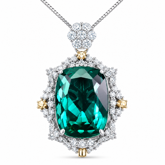 Oval Cut Simulated Emerald Halo Pendant Necklace For Women, Two-Tone Copper Plated Silver White CZ Vintage Royal Wedding Bridal Statement Jewelry Gift