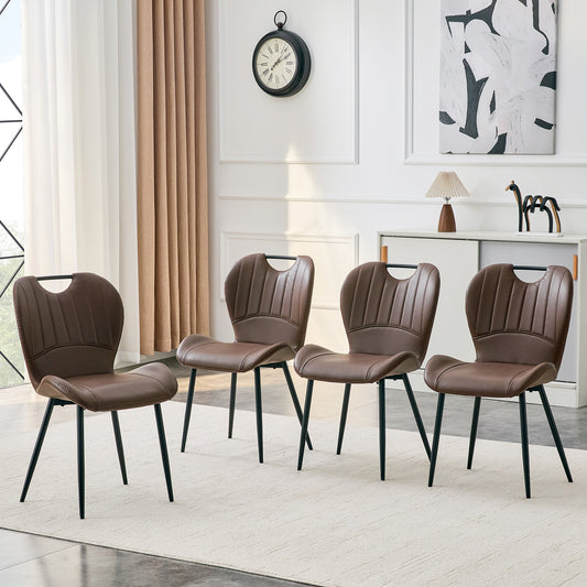 Set Of 4 Brown PU Dining Chairs With Integrated Handle. Black Metal Frame, Adjustable Leveling Feet. Home Dining Chairs With Extra-Wide Comfortable Cushion, Versatile For Multiple Scenarios.
