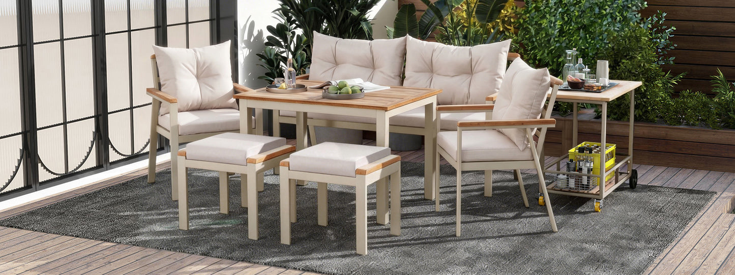 Acacia Wood Dining Table And Chair Set, Outdoor Furniture, 6-7 Seater Garden Dining Table And Chair Set With Armchairs And Removable Dining Trolley, Removable And Washable Fabric Cover
