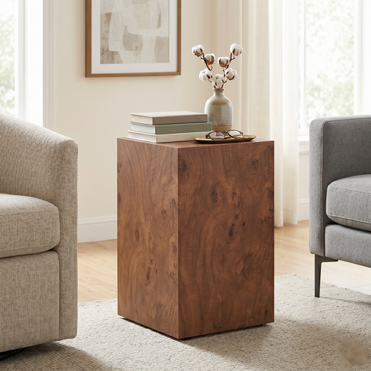 Premium Burl Walnut Veneer MDF Cube Table, Height Adjustable Multi-purpose Coffee Side End Table For Living Room, 11.8 X11.8 X19.7 , No Extra Items Included