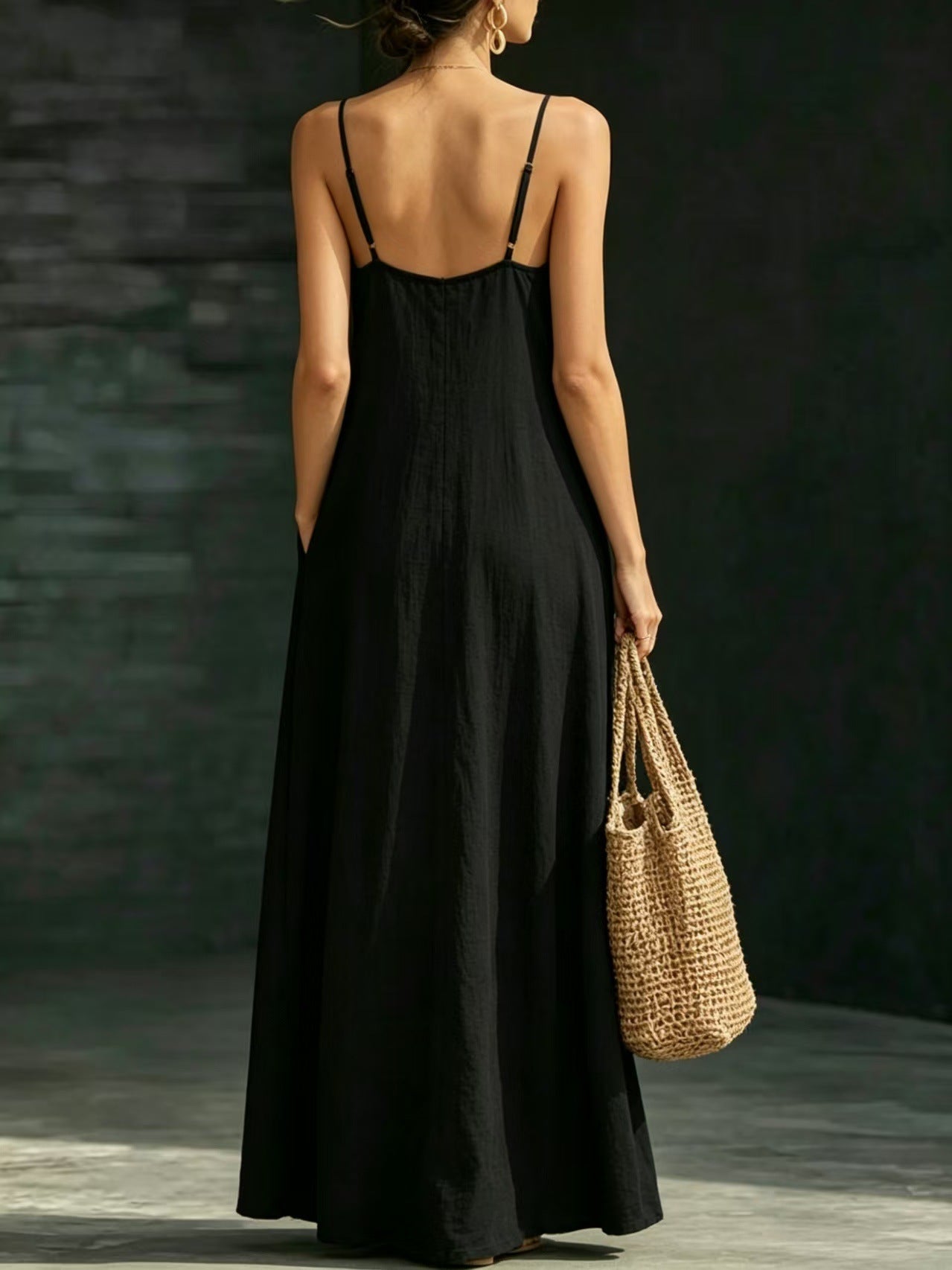 Summer V-Neck Spaghetti Strap Flowy Maxi Dress - Casual Fashion Solid Color Long Dress For Women Vaction Dress