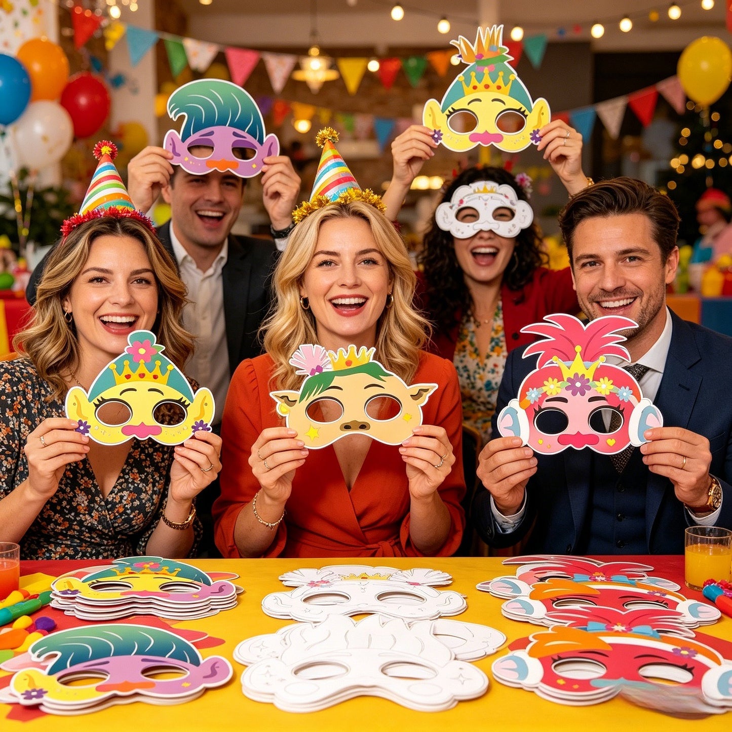 50-Piece Craft Set With 24 Paper Masks (12 Designs), Rhinestones, 24 Rubber Bands, And 2 Paintbrushes—Party Supplies Set