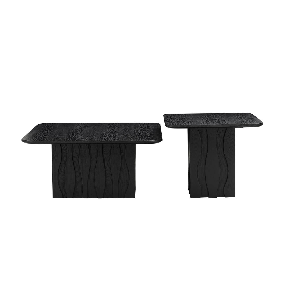 2PCS Nesting Square Coffee Table Set for Living Room,Mid-Century Wavy Fluted Base Tables, End Side Tables for Leisure Area,Office,Black