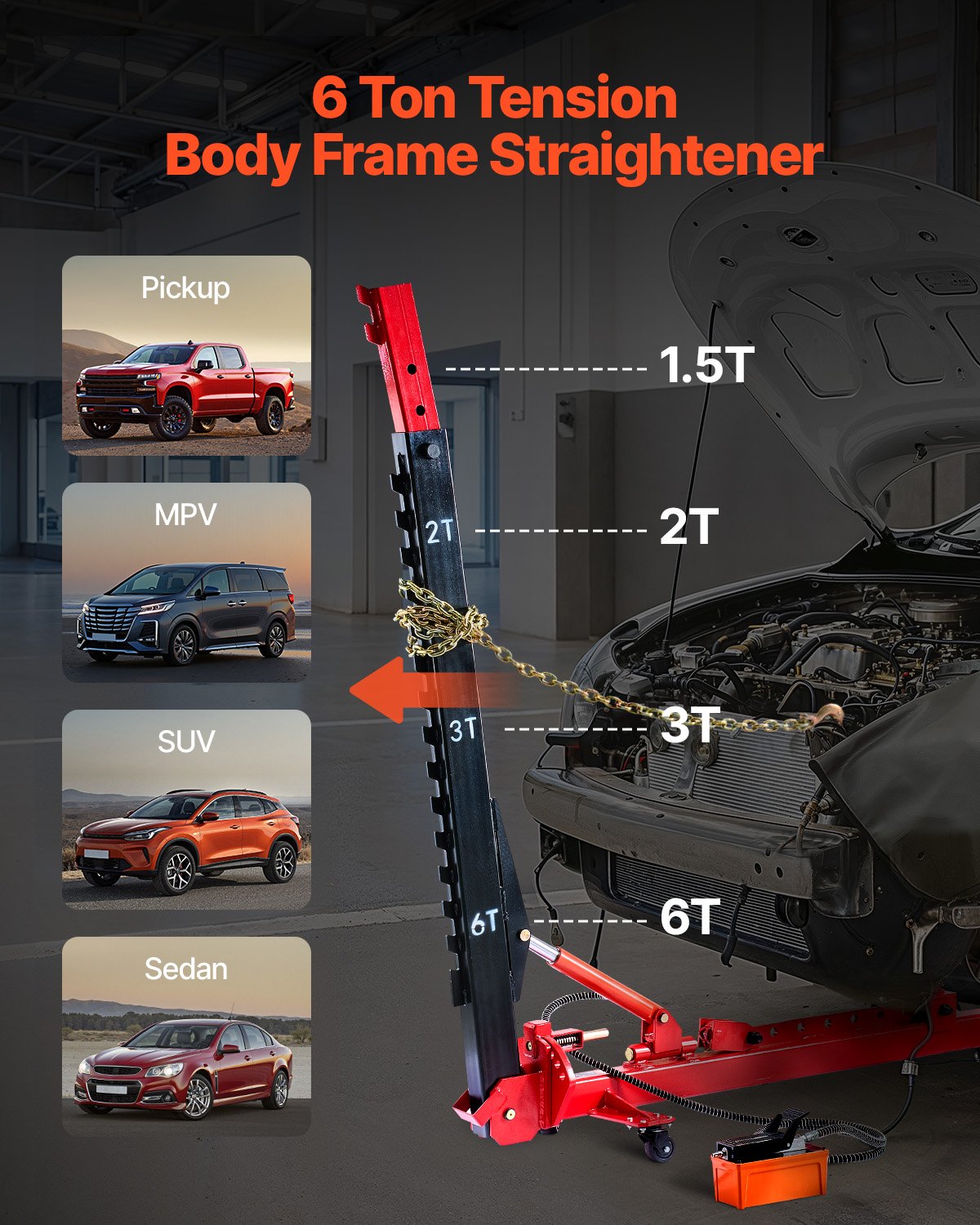 Auto Body Frame Puller Straightener, 6T Tension Car Body Repair Equipment With 3T Airbag Jack & 6000PSI Hydraulic Foot Pump, Include 16 Straightening Tools, For Auto Repair Shop Sedan SUV Pickup