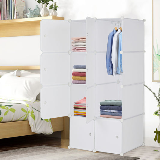 Deepened 4-layer 8-compartment Cube-shaped Wardrobe With 1 Hanging Rod, Plastic And Steel Wire, 72x47x142cm, Natural White Door, Natural White Cabinet Body, N001, Freely Assembled, DIY Style.