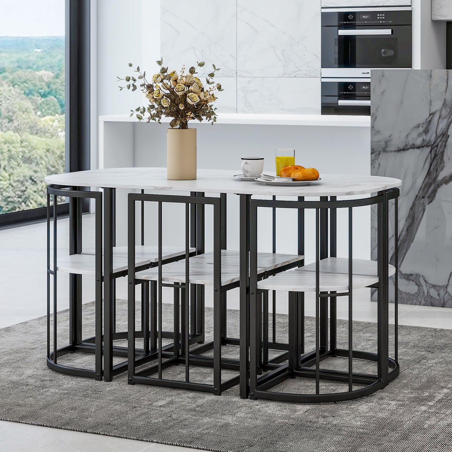 TOPMAx Modern 7- Piece Dining Table Set With Faux Marble Compact 55Inch Kitchen Table Set For 6  Black White