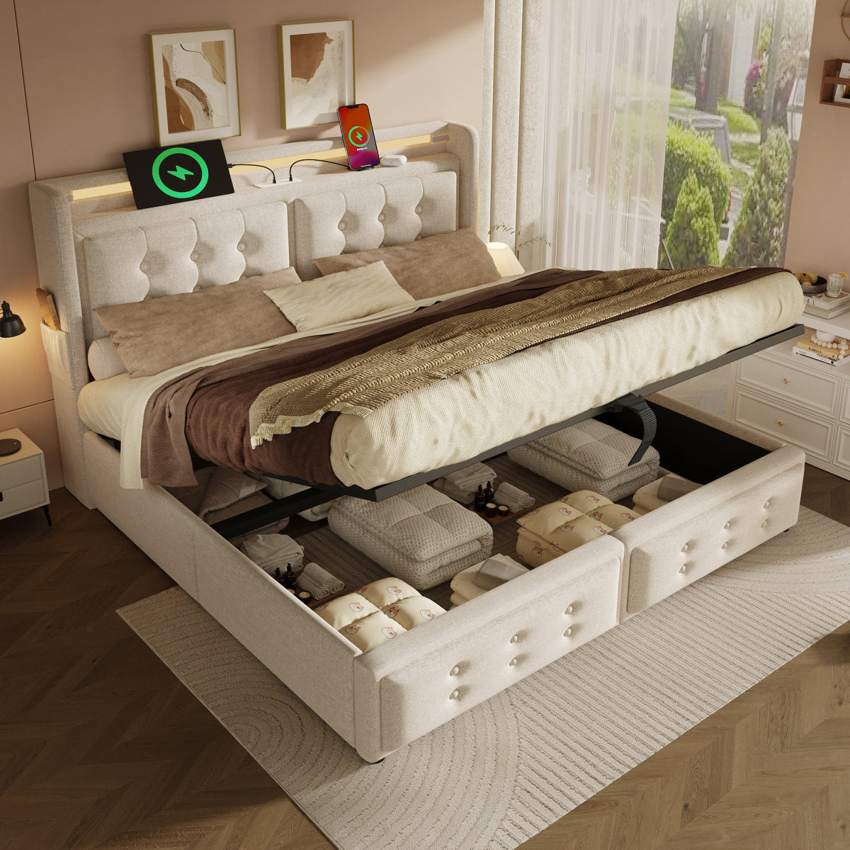 Upholstered King Bed, 5FT Hydraulic Bed With LED Lighting, USB Type-C Charging, Headboard For Cellphones & Tablets, 150 X 200 Cm, Linen, Beige  No Mattress