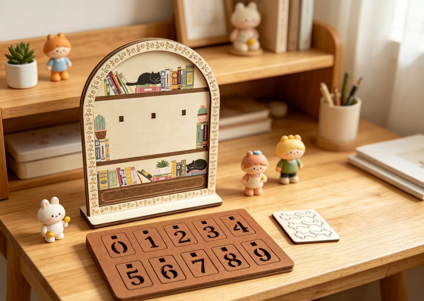 Wooden Black Cat Bookshelf Reading Tracker, Reusable Number Reading Counter, Desk Decor Book Log Perpetual Calendar