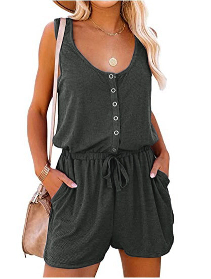 Women's Casual Sleeveless Button Down Romper With Drawstring Waist & Pockets, Loose Fit Jumpsuit Shorts For Loungewear & Outdoor