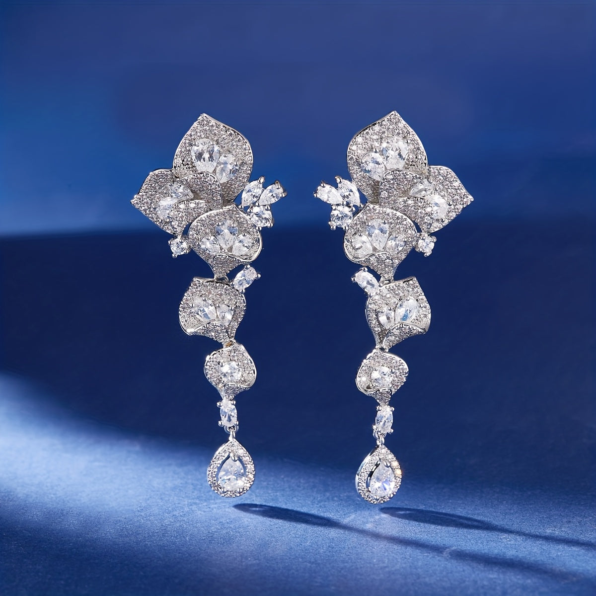 1 Pair Gorgeous Long Dangle Flower Earrings, Cubic Zirconia Earrings For Women, Fashion Party Prom Dress Jewelry, Birthday Holiday Gift