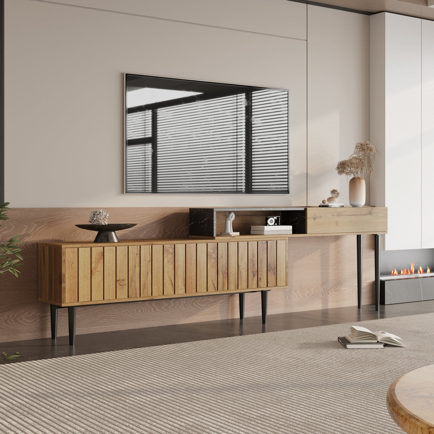 Modern TV Stand With Marble And Wood Grain Design, PVC Edge, Iron Legs, Dark Wood Color, Home Decoration, Space-saving, Durable And Long-lasting