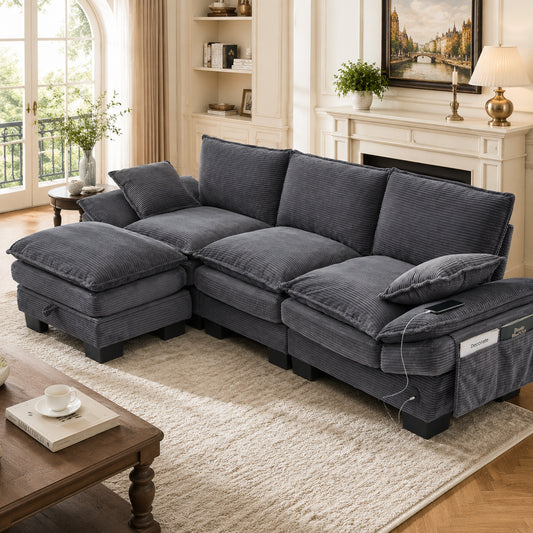 Modular 3-seater Corduroy Sofa  With 1 Stool Wide Seat, Ergonomic Design, High-density Foam Padding, USB-C Port And Side Pockets.Ideal For Living Room, Office Or Lounge.DarkGray