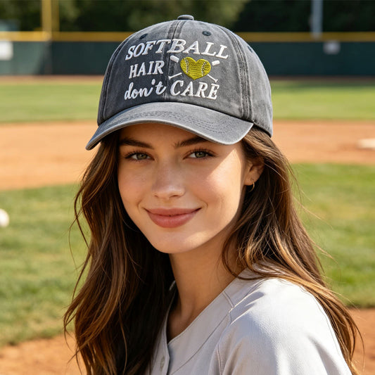 Softball Hair Don't Care Embroidered Washed Baseball Cap, Vintage Distressed Hat For Women Softball Lover