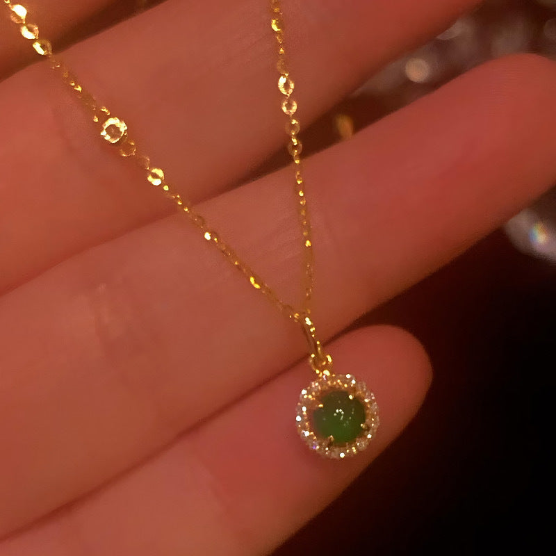 Copper Gold Plated Green Stone Necklace - Elegant Round Square Zircon Jewelry Gift