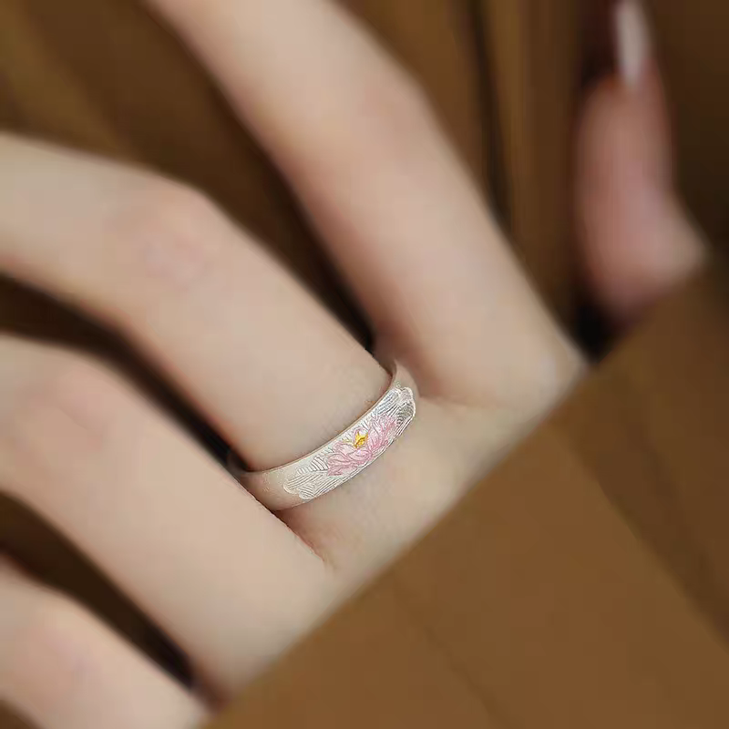 1pc 999 Sterling Silver Painted Lotus Open Ring, Fresh Chinese Style, Perfect For Daily, Dating & Gifting, Ideal Valentine's Gift