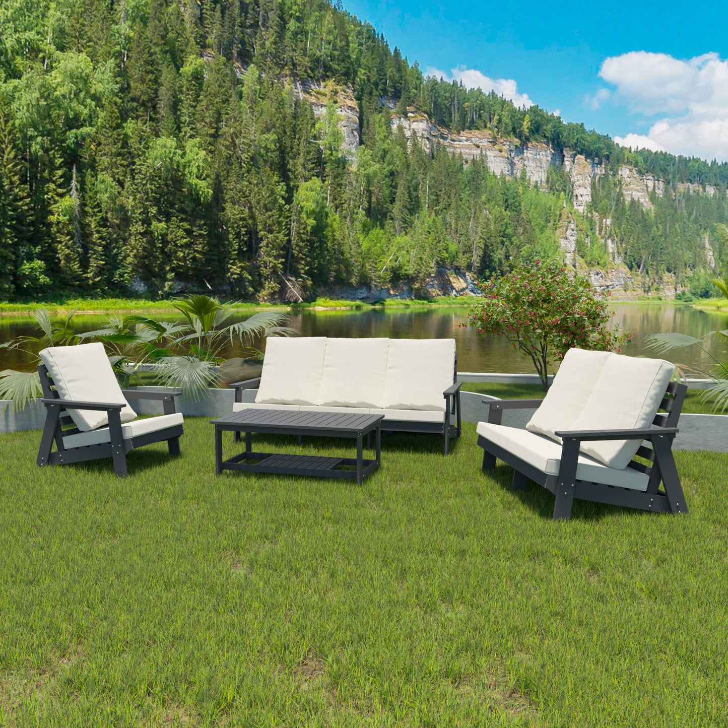 HIPS 3 Seater Sofa With Cushion,  Outdoor Garden Sofa, Sofa Set For Porch, Poolside, Terrace, And Yard Grey Beige