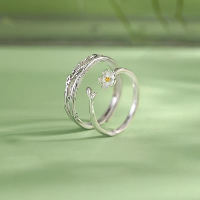 1 Pair 999 Sterling Silver Twig & Flower Couple Rings, Minimalist Romantic Style, For Daily Wear & Valentine's Gifts