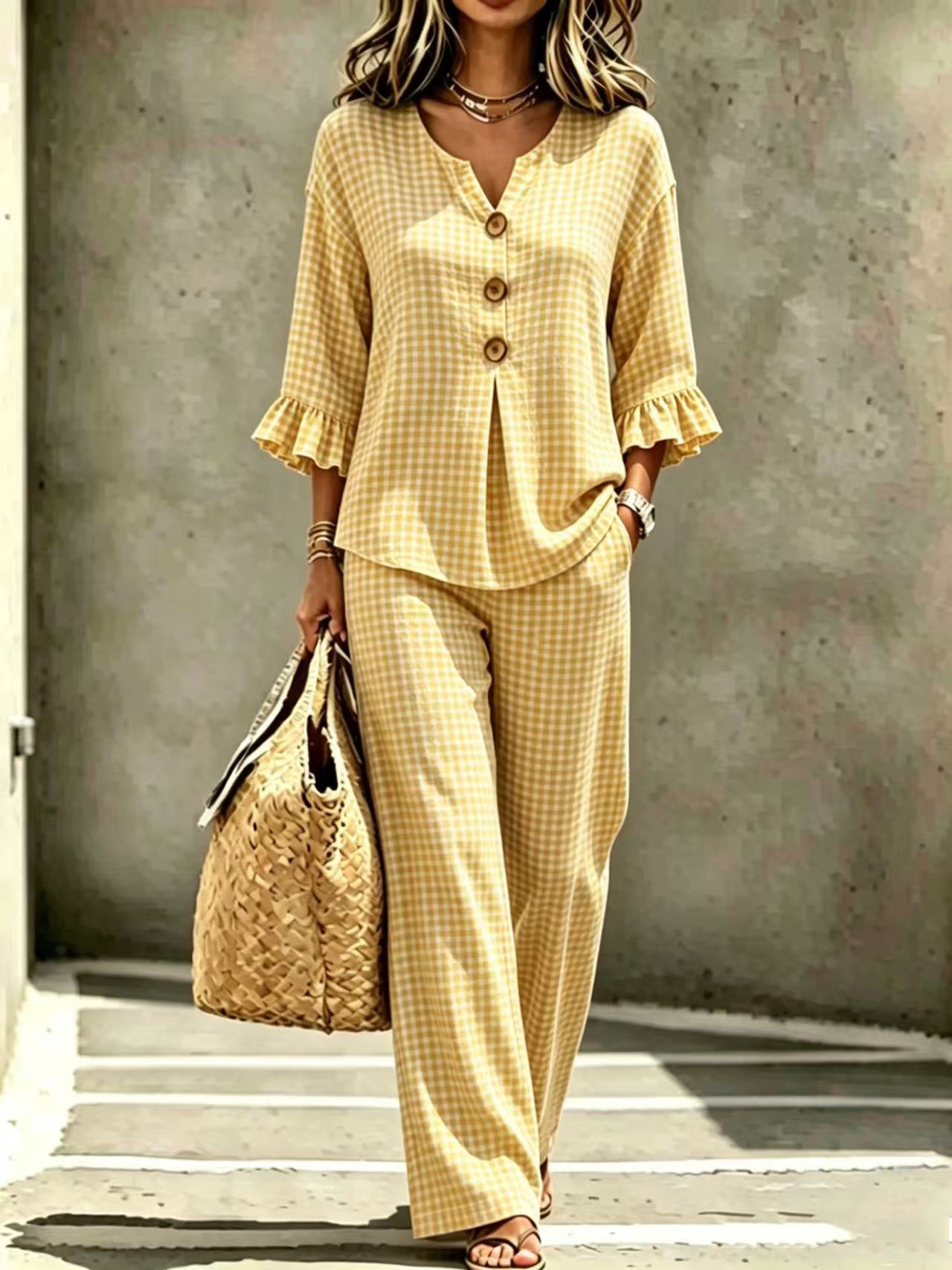 Womens New Casual Buttoned V-Neck Ruffled Hem Plaid Three-Quarter-Sleeve Top And Pants Set