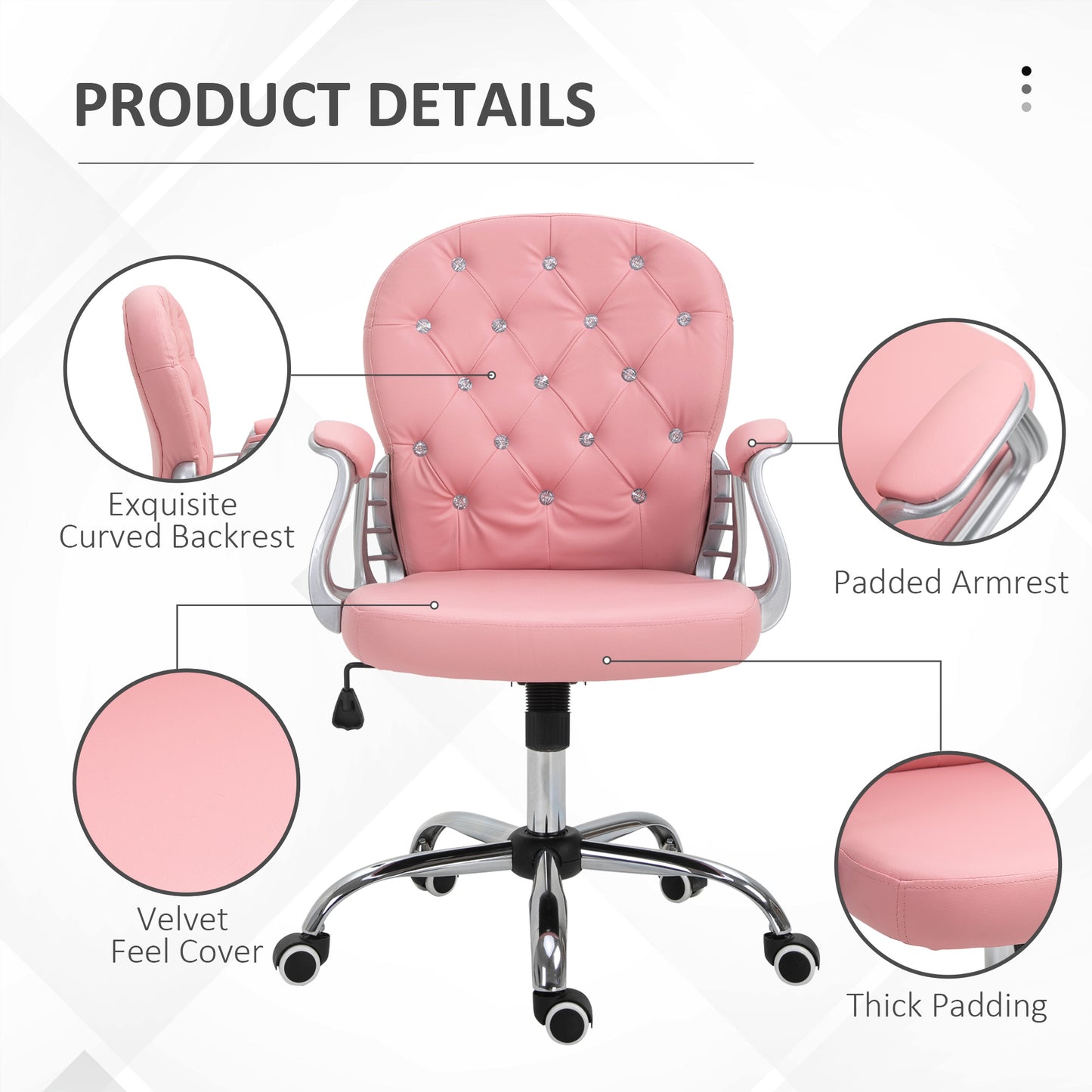 Makeup Vanity Chair, PU Leather Computer Task Chair with Button Tufted, Padded Armrests, Adjustable Height and Swivel Wheels, Pink