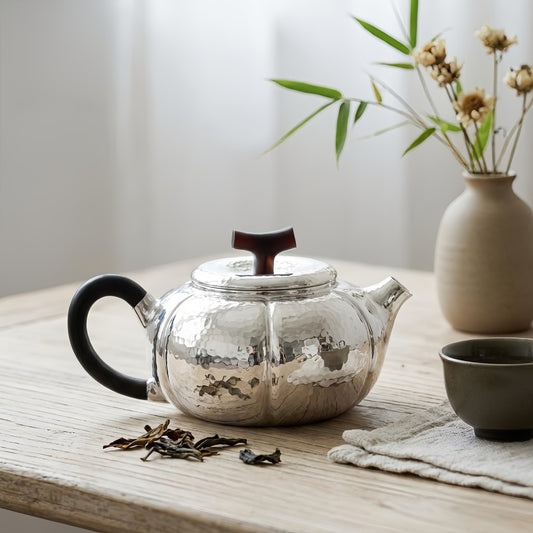 925 Sterling Silver Exquisite Hammered Silver Teapot with Dark Wooden Accents and Lobed Body Design - Handicraft