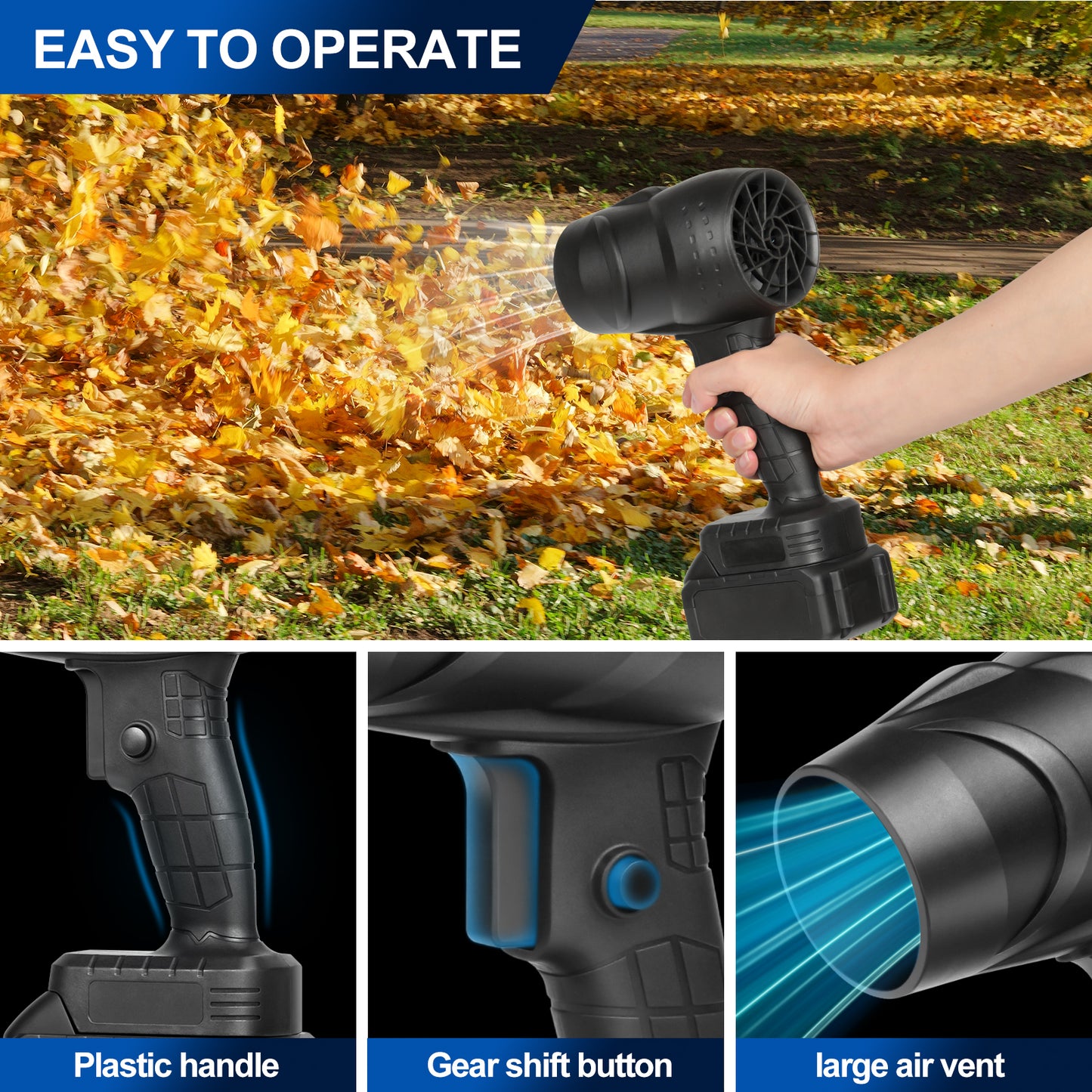 Storm Turbofan,21V Electric Portable Lightweight, 32000 RPM Adjustable Speed, Equipped With 2x1.5Ah Batteries And Fast Charger, Suitable For Lawn Care
