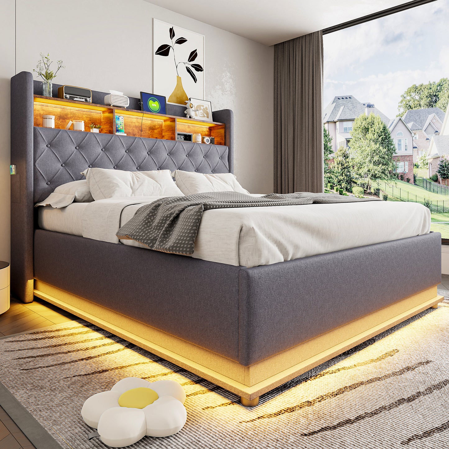 LED Upholstered Bed 160 X 200 Cm, Upholstered Storage Bed With USB Charging Port And Hydraulic Storage, Skin-friendly Linen Fabric, Grey