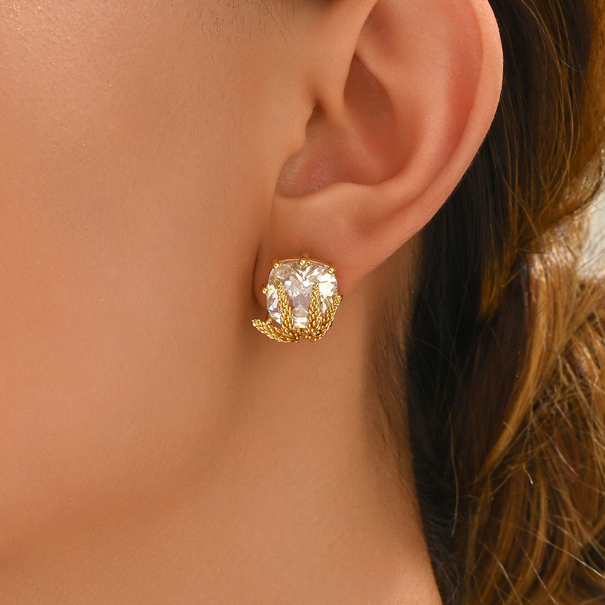 Sweet Korean Style Women Stud Earrings, Niche Wheat Ear Design Inlaid Cubic Zirconia, Premium Texture Versatile Daily Ear Jewelry