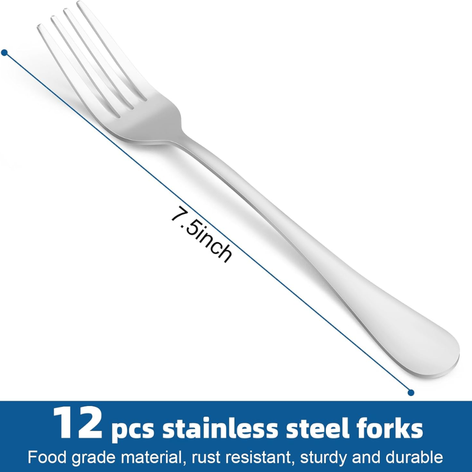 12-Piece Stainless Steel Dinner Forks Set - Mirror Polished Silverware For Home & Restaurant 7.5 Inch