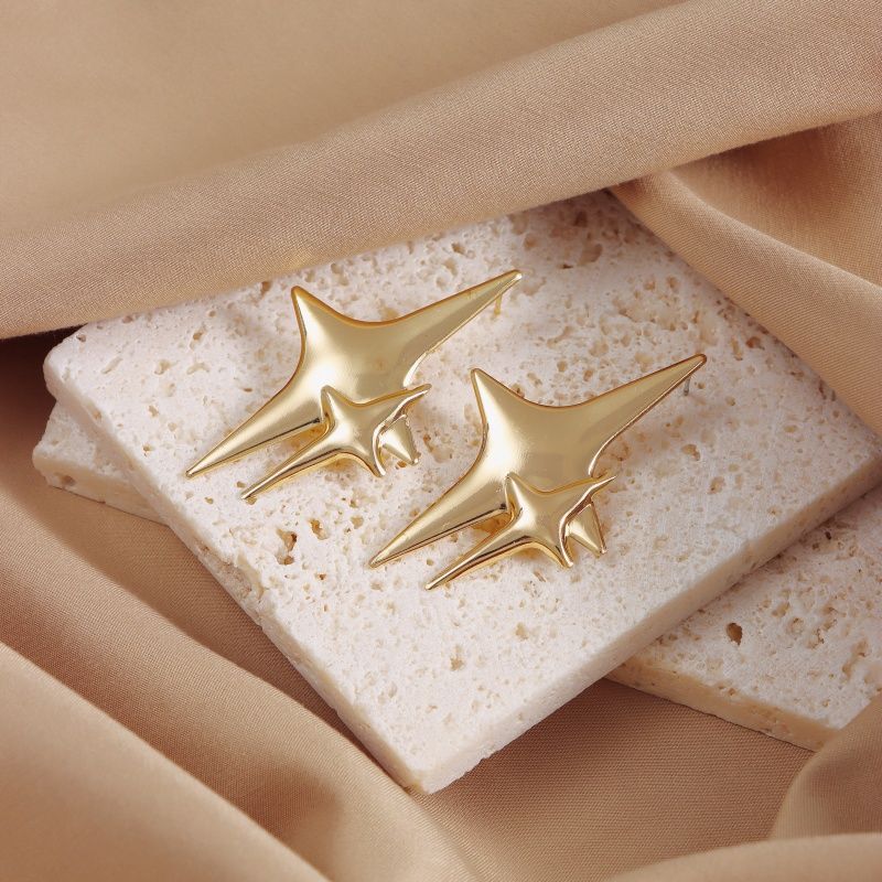 Korean Double Four-pointed Star Studs, Sweet  Long Earrings For Daily Commute