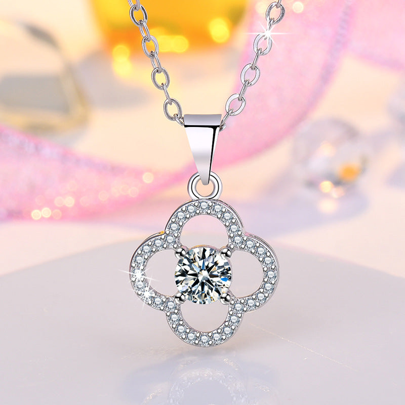 Korean-style Trendy Mill Moissanite Four-leaf Clover Diamond Hollow Lucky Daily All-match Necklace Pendant Gift For Girlfriend