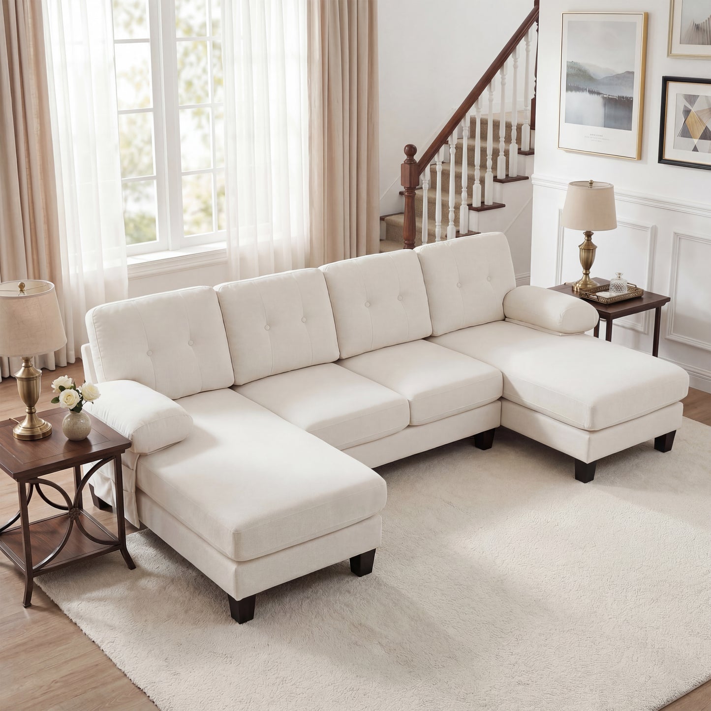 4 Seater U-Shaped Sofa With Chaise Longue, Modern Chenille Upholstered Sofa, Sofa Bed With Adjustable Backrest, Guest Sofa For Living Room & Office, Beige