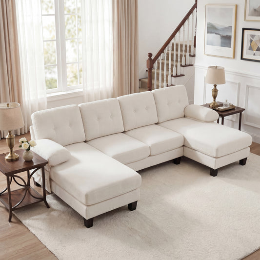 4 Seater U-Shaped Sofa With Chaise Longue, Modern Chenille Upholstered Sofa, Sofa Bed With Adjustable Backrest, Guest Sofa For Living Room & Office, Beige