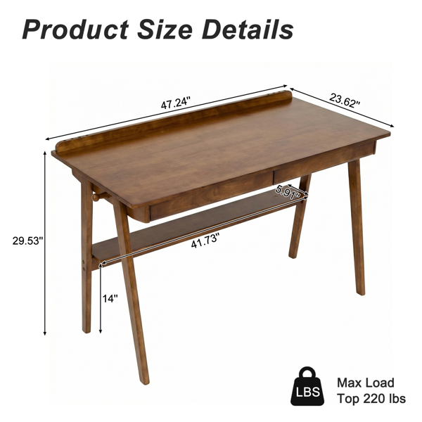 Solid Wood Writing Desk, Home Office Desk For Small Spaces, Mid Century Modern Desks With 2 Drawers & Storage Shelf, Standing Desk With Side Hooks For Study, Bedroom, Office  Walnut