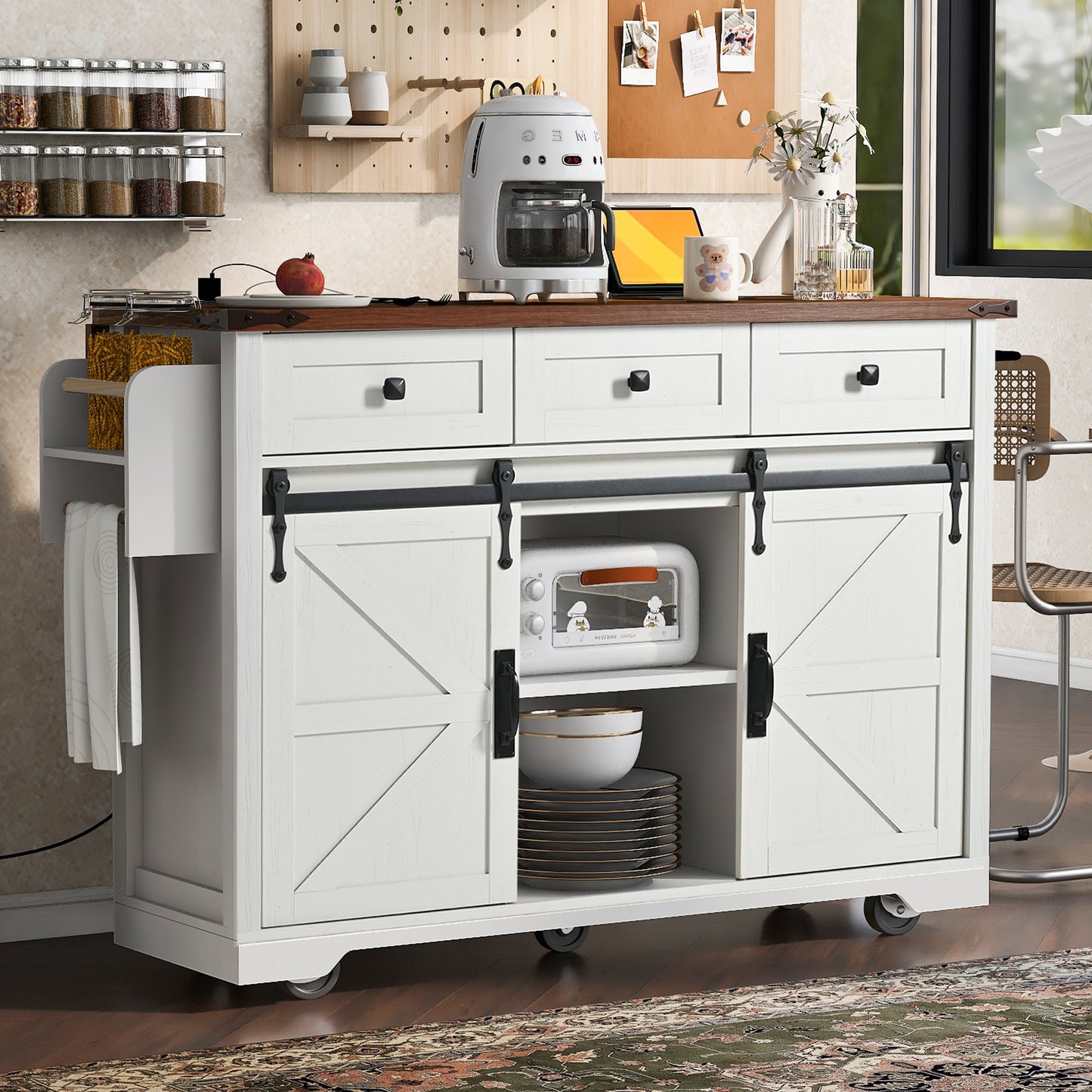 K&K 53.7  Farmhouse Kitchen Island With Power Outlet, 2 Sliding Barn Door Kitchen Storage Island With Drop Leaf, Spice Rack Rolling Kitchen Cart On Wheels, For Home, Kitchen And Dining Room, White