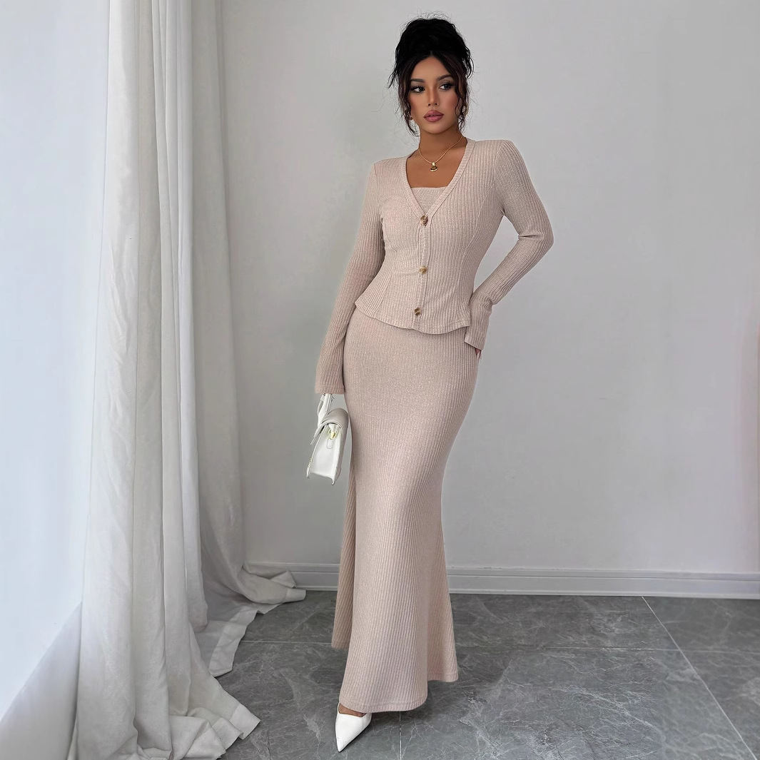 Knitted Long Skirt Sophisticated Styling Two-piece Skirt Set
