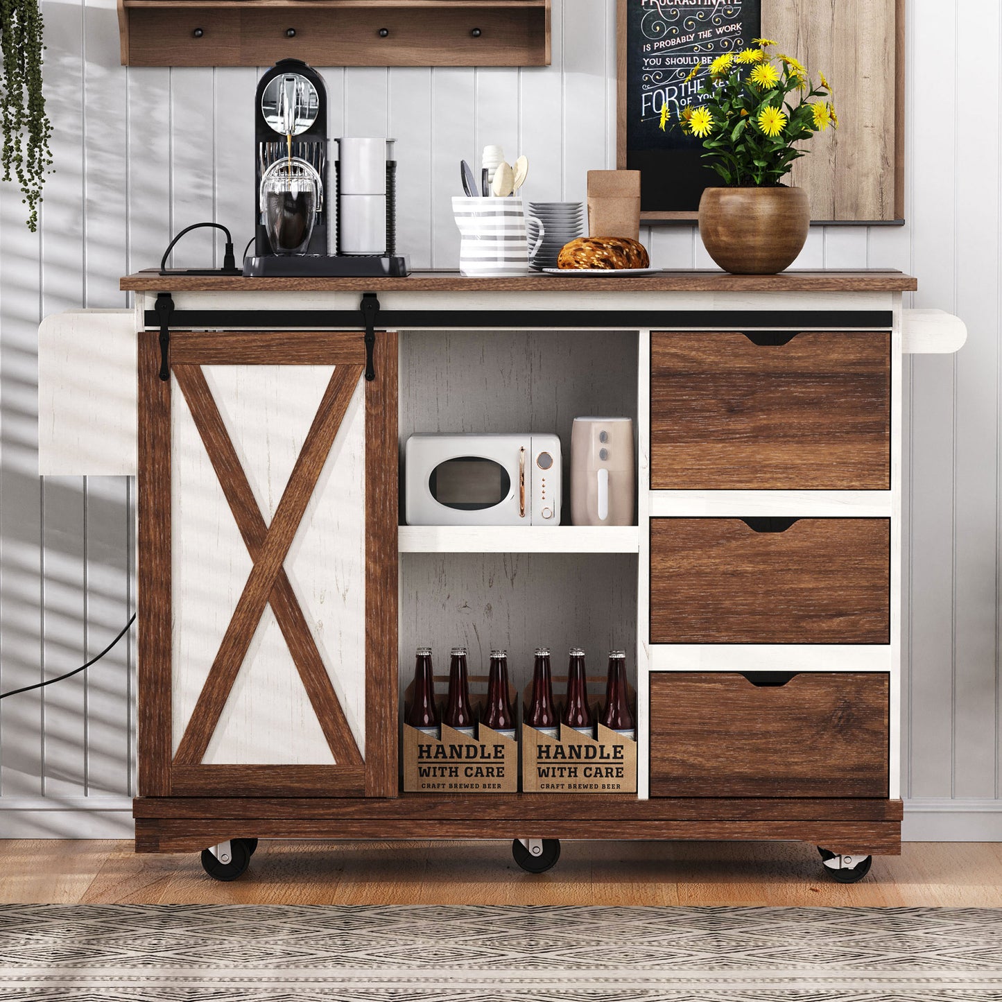 K&K 55.5  Farmhouse Kitchen Island With Drop Leaf, Kitchen Storage Island With Barn Door, Power Outlet, Rolling Kitchen Cart On Wheels With Spice Rack, For Home, Kitchen, Dining Room, White