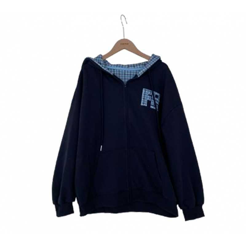 Korean Style Autumn New Machine Embroidery Letters Retro Plaid Zipper Sweater