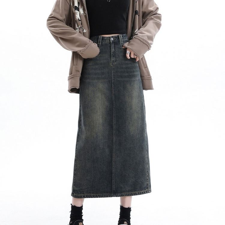 Korean-style Versatile Denim Skirt Womens Retro High-waisted