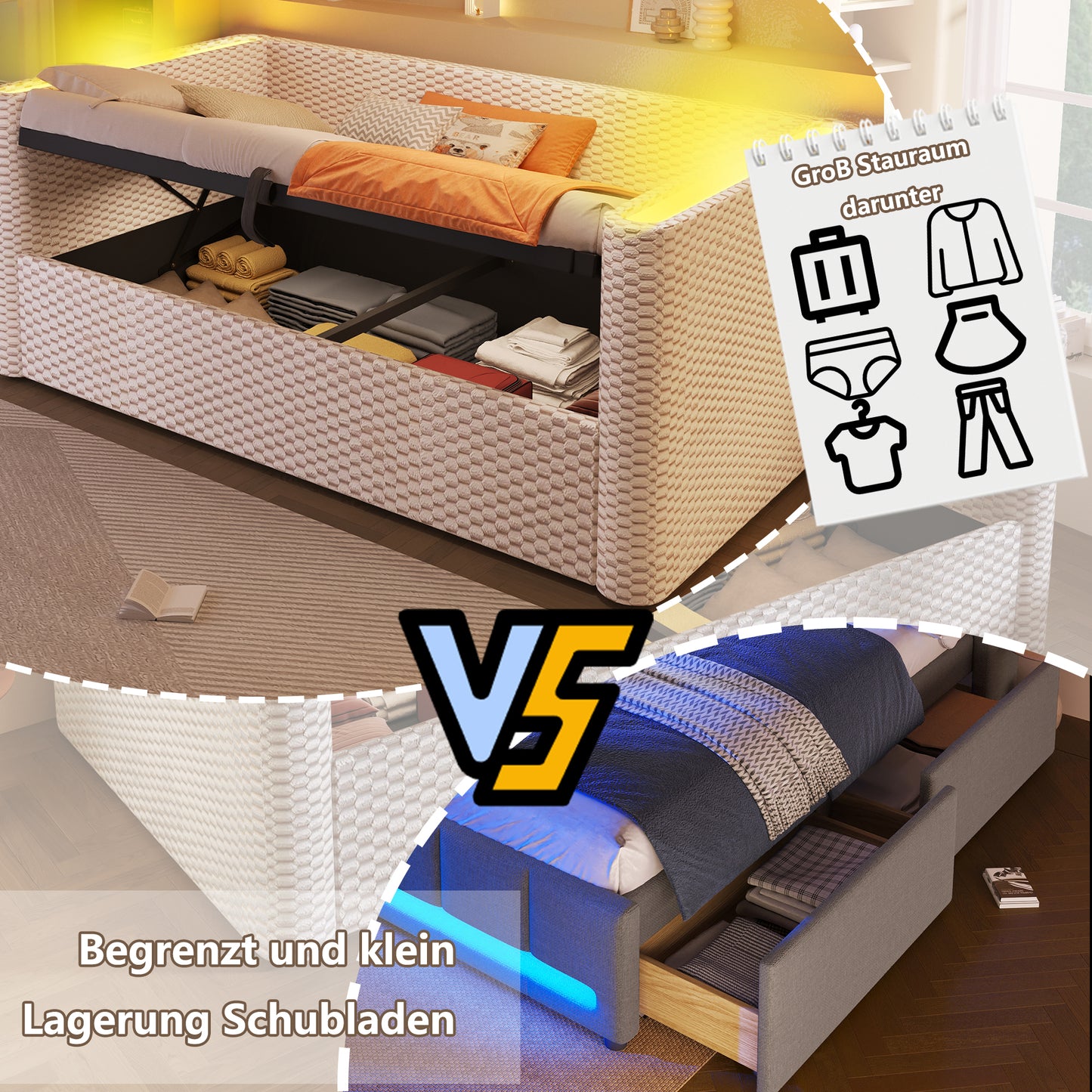 Daybed, Daybed, Sofa Bed, 90 X 200 Cm, With LED Lighting, With Hydraulic Storage Mechanism, Slatted Base  Without Mattress , Velvet, Beige