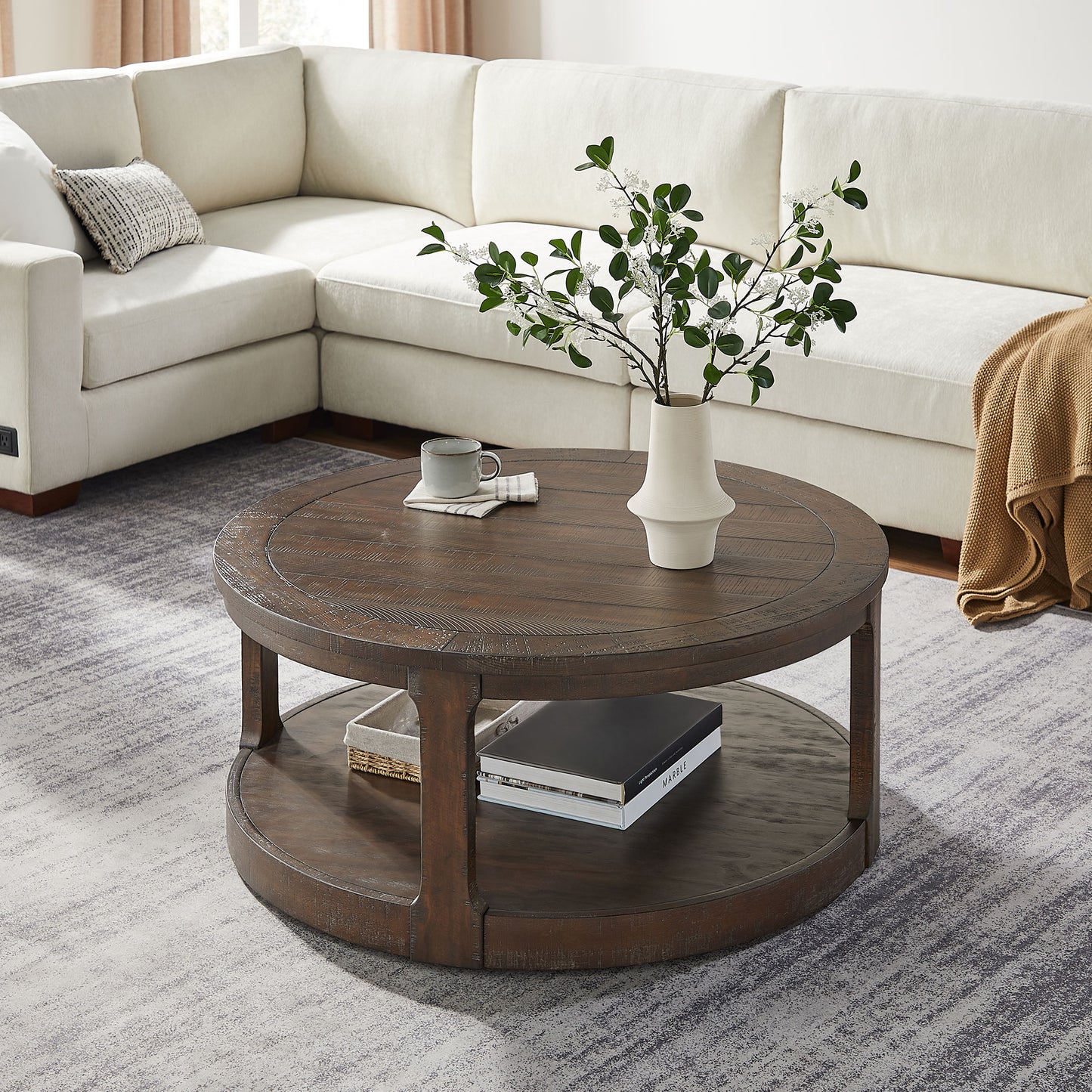 40inch Large Curved 2 Tier Traditional Round Circle Wooden Center Coffee Table,Mid Century Rounded Table With Wheels ,Rustic Style Table For Living Room,Office,Apartment,Brown