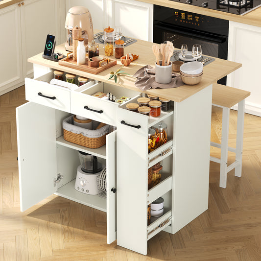 Pull-out Dining Area Kitchen Island With Adjustable Shelves And Drawers, Kitchen Island With Power Strips And Two Chairs, Ideal For Kitchen And Dining Room White