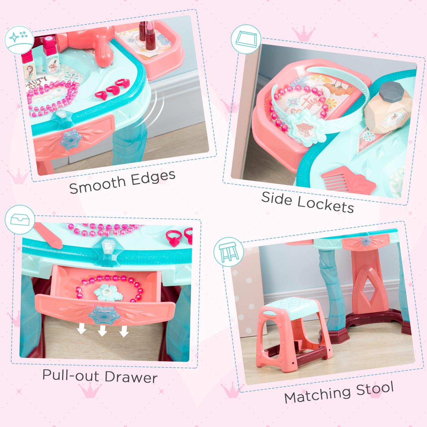 Kids Vanity Set with Self-Opening Magic Mirror, Princess Makeup Vanity Table Set with Music, Tabletop with Lights, Imaginative Toy for 3-6 Years Old Child