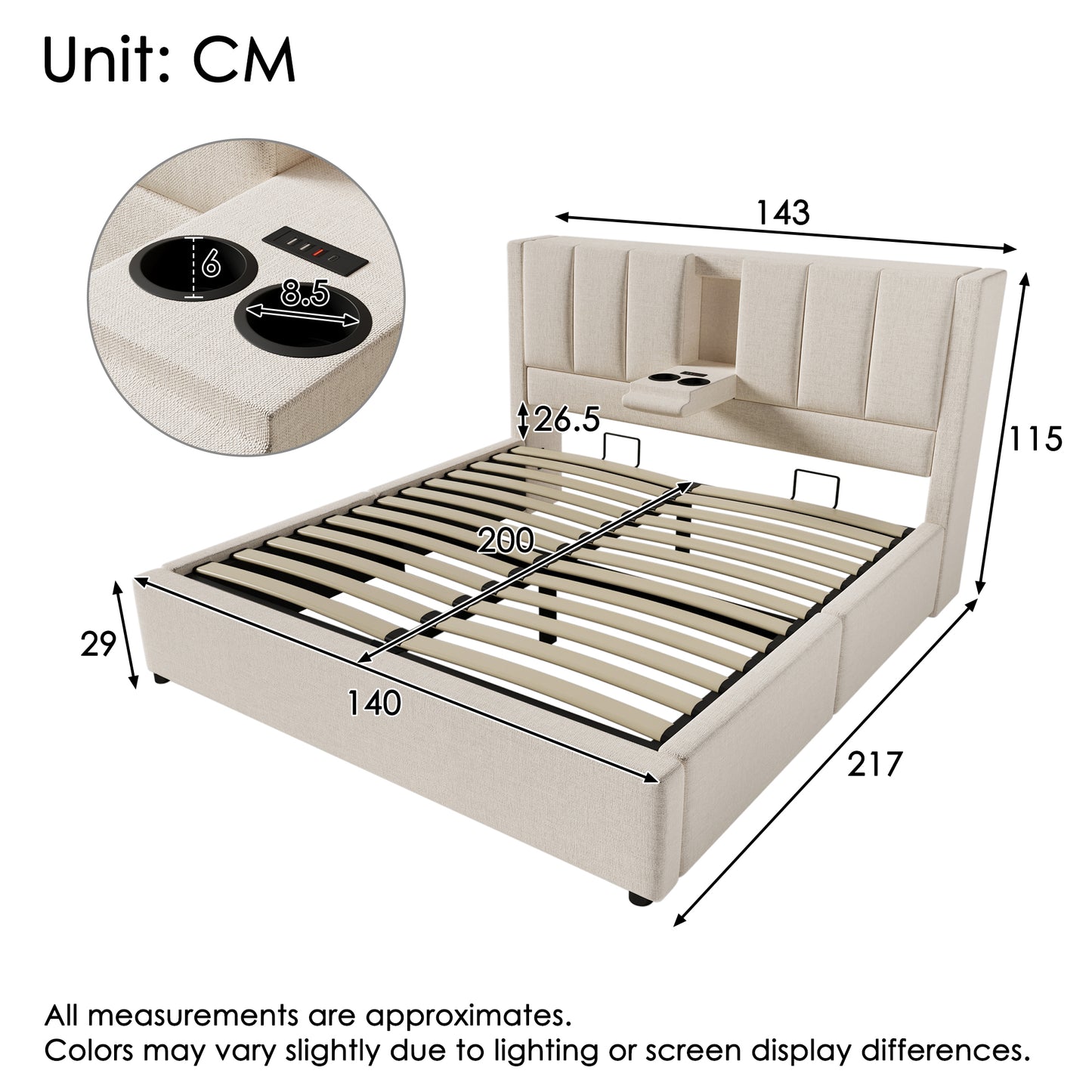 Upholstered Bed 140x200 Cm, Double Bed With Hidden Cup Holder & Charging Station, Hydraulic Bed With Storage Space Under The Bed, Incl. Slatted Frame, Linen Beige Without Mattress