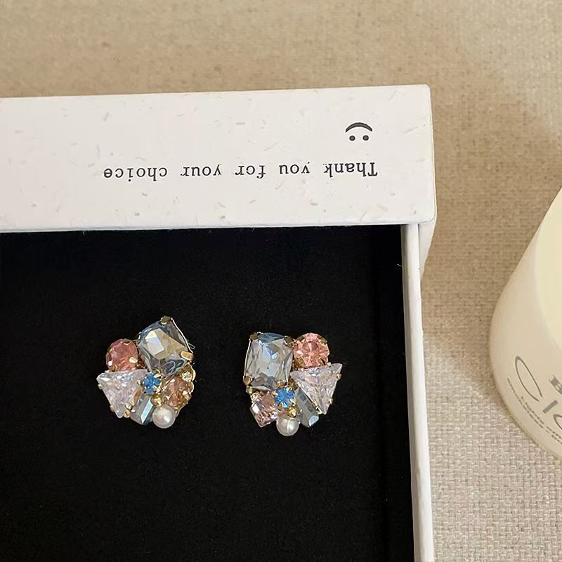 High-End Colorful Crystal Geometric Stud Earrings For Women, Dopamine Sweet Versatile Fashion Daily Ear Jewelry