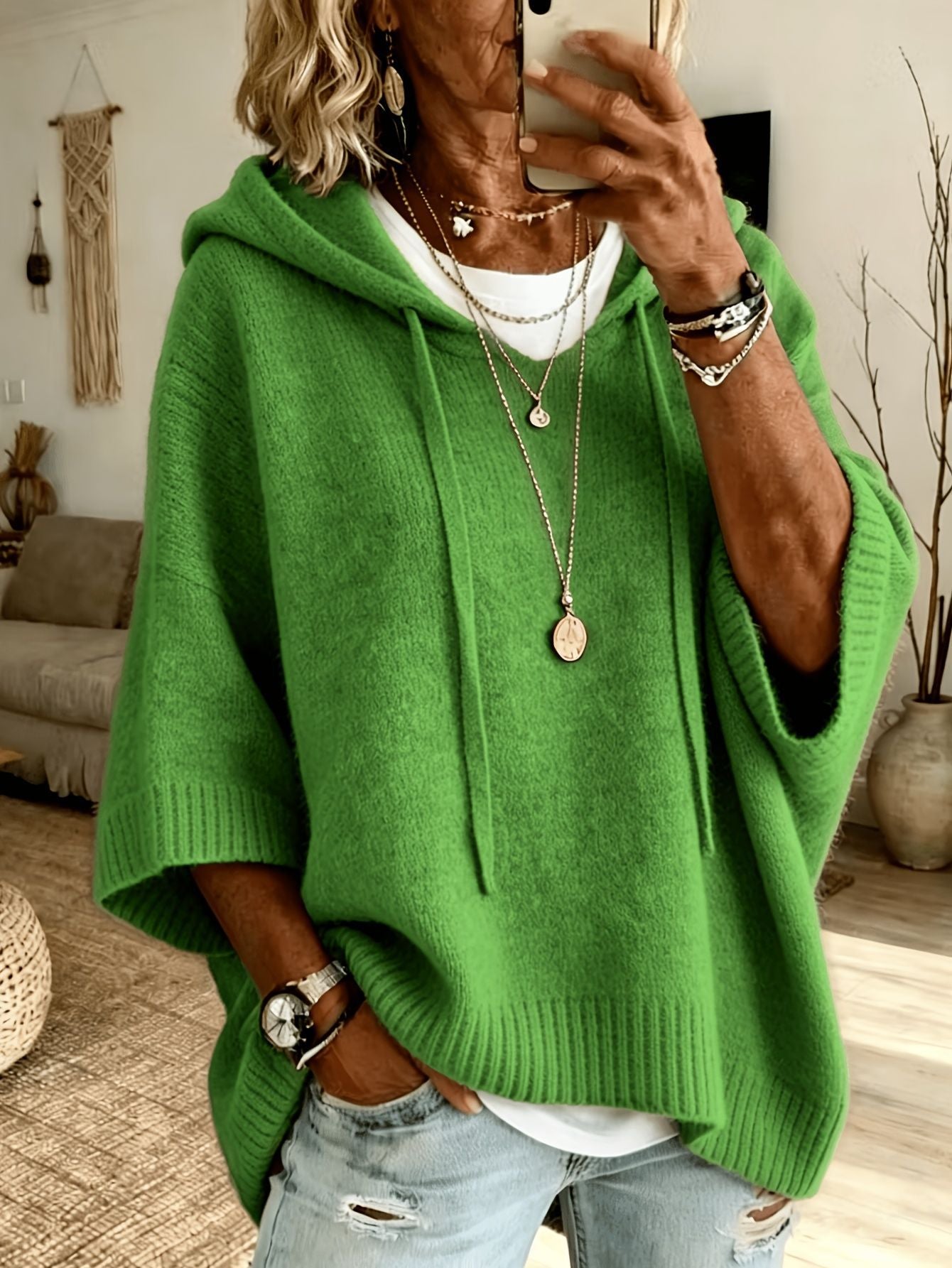 New Knitted Hoodie With Drawstring, Loose Fit Outerwear Sweater